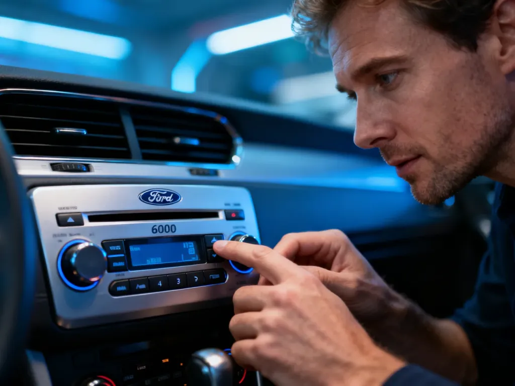 Kierowca obsługujący panel radia Ford 6000CD w nowoczesnym wnętrzu samochodu.