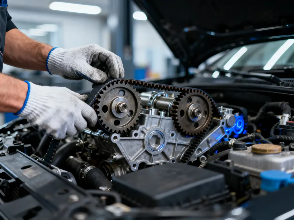 Mechanik w rękawicach dokonuje precyzyjnej inspekcji paska rozrządu w komorze silnika samochodu.