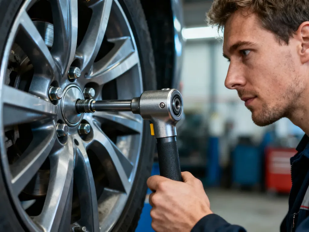 Mechanik dokręca śrubę koła samochodu za pomocą klucza dynamometrycznego w profesjonalnym warsztacie.