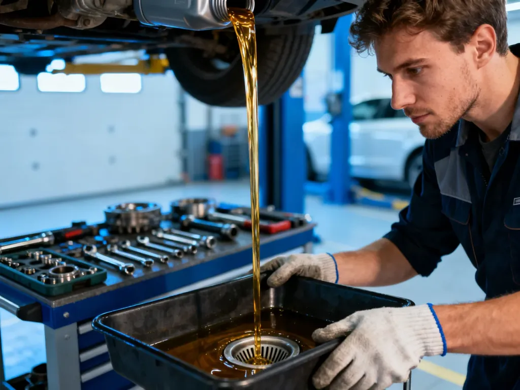 Mechanik w rękawicach roboczych spuszcza zużyty olej do zbiornika w nowoczesnym warsztacie samochodowym.