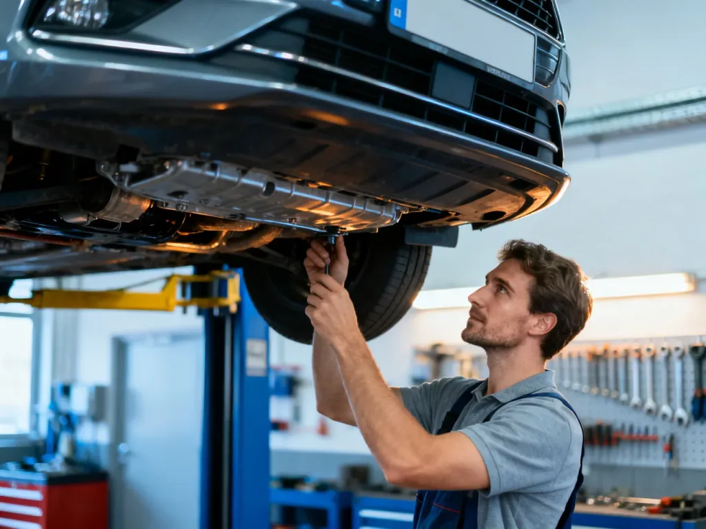 Mechanik dokonujący szczegółowej inspekcji podwozia samochodu w profesjonalnym warsztacie samochodowym.