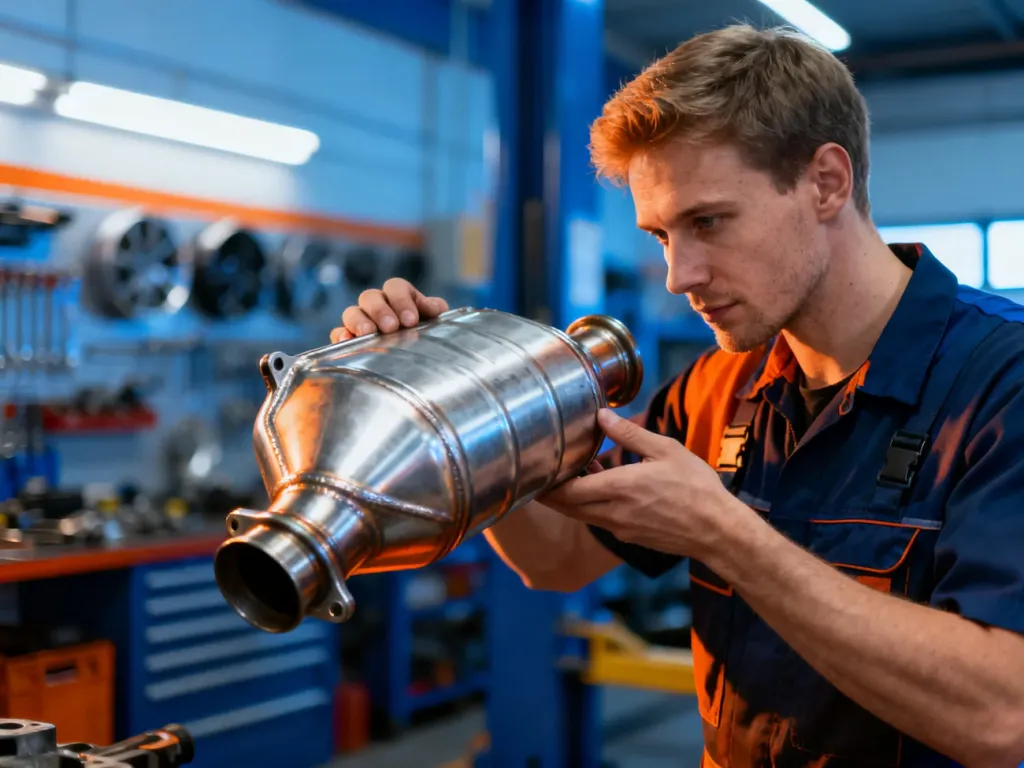 Mechanik w nowoczesnym warsztacie dokonuje oględzin metalowego katalizatora samochodowego w celu jego wyceny.