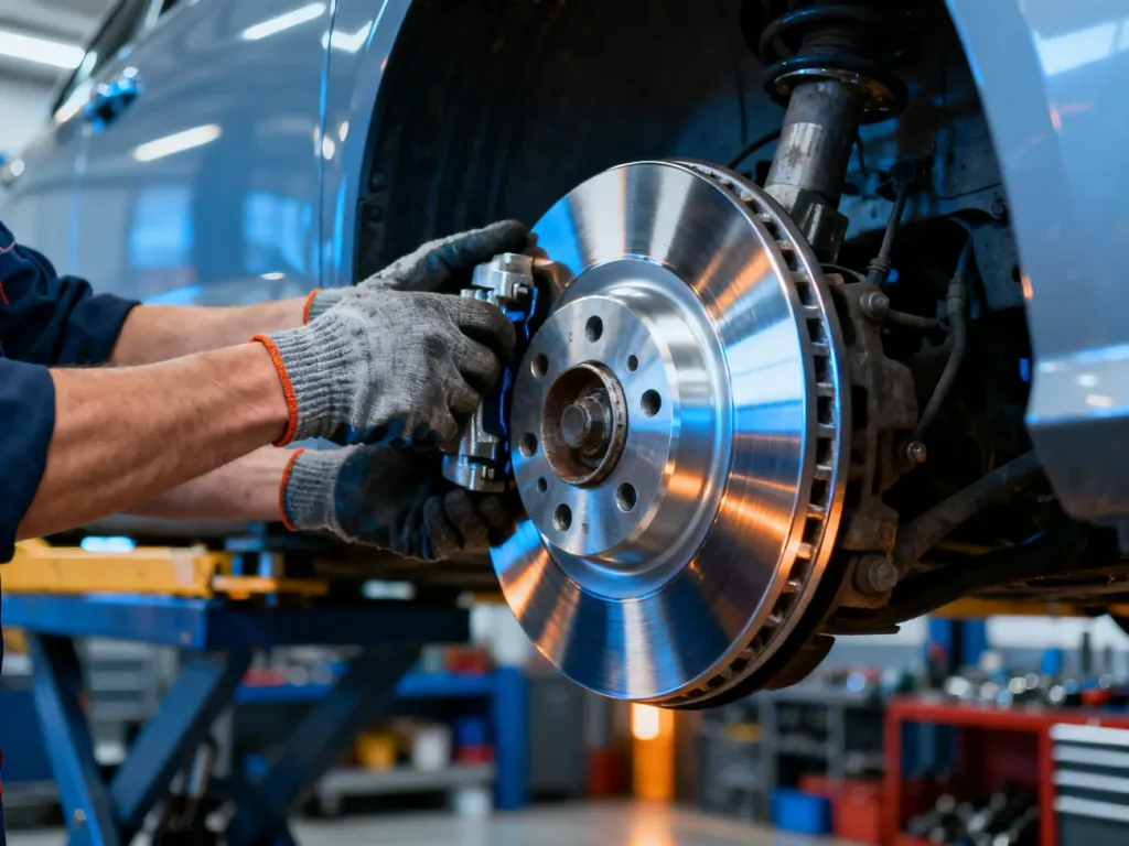 Mechanik w rękawicach montuje nową tarczę hamulcową na piaście koła w profesjonalnym warsztacie samochodowym.