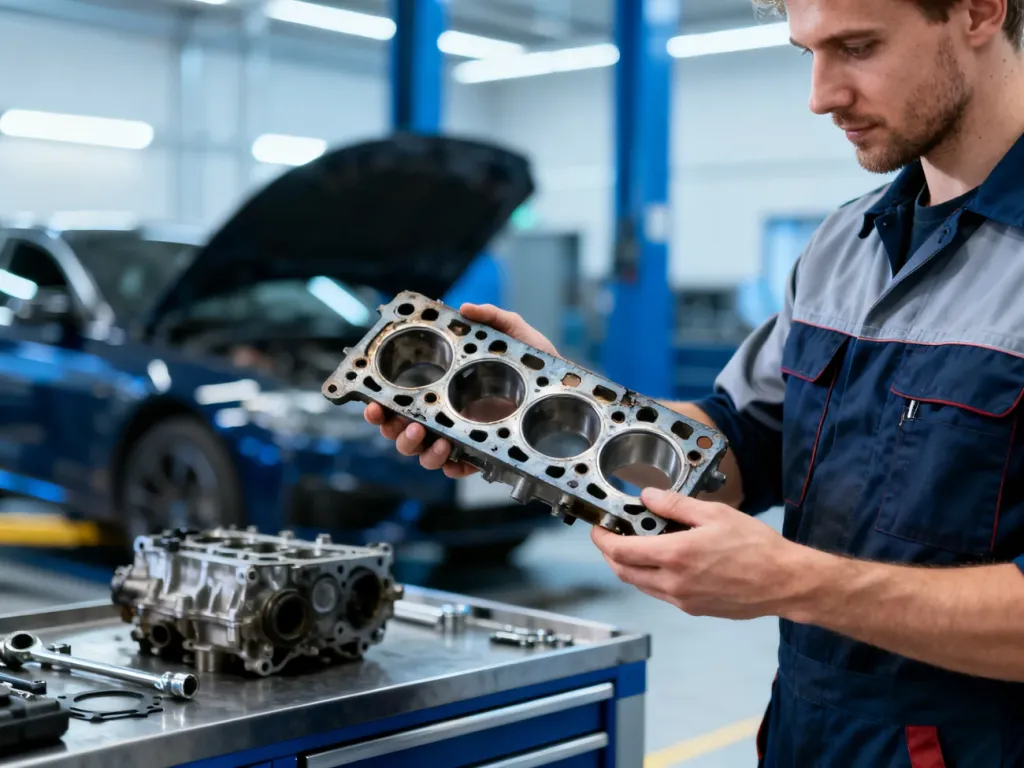 Mechanik w nowoczesnym warsztacie prezentuje uszkodzoną uszczelkę pod głowicą silnika.